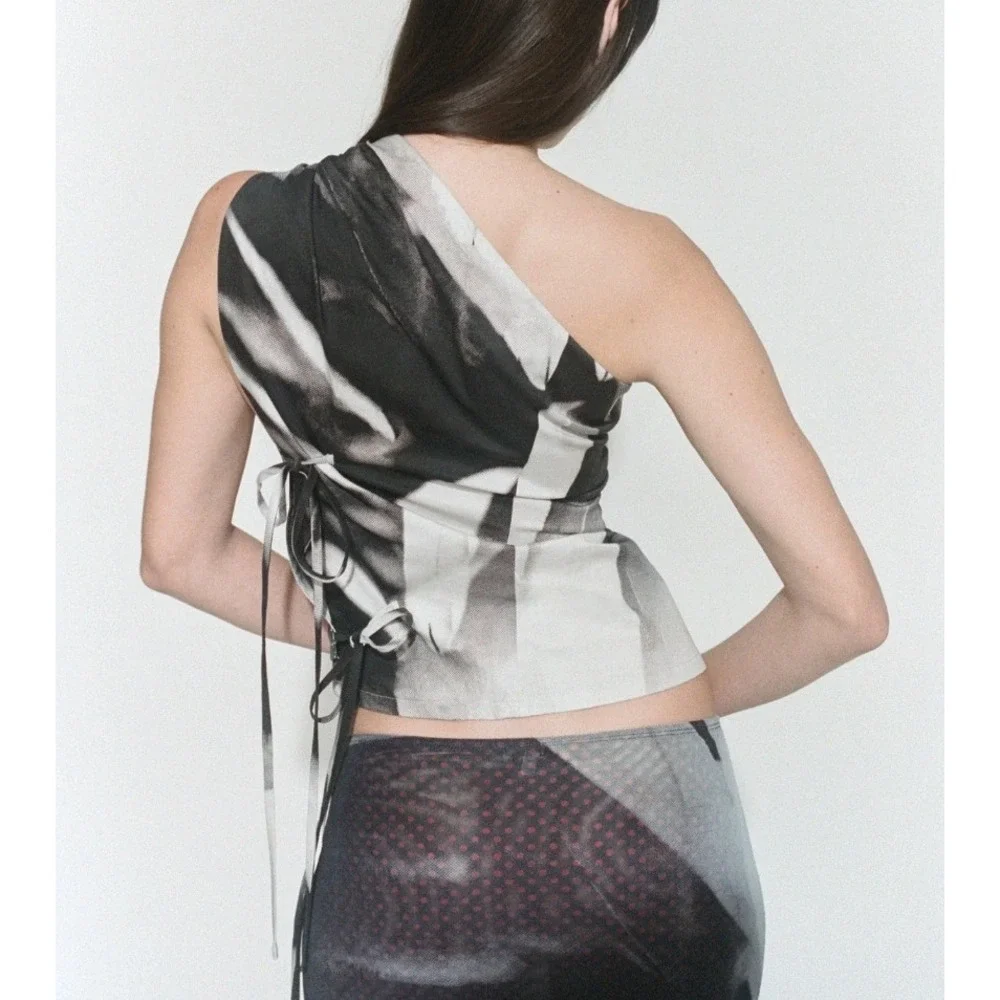 MIAOU Zelda Top Womens Size XXS Abstract Graphic Wrap Tie Edgy Asymmetrical - Picture 2 of 7